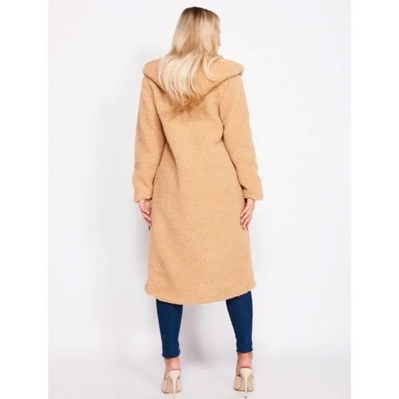 Camel Long Sleeve Hoodie Hooded Long Maxi Borg Teddy Bear Fur Coat - Picture 5 of 16